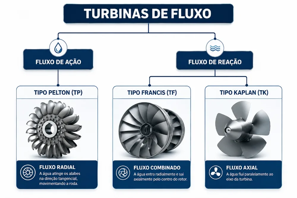 Turbinas de fluxo: Pelton, Francis e Kaplan