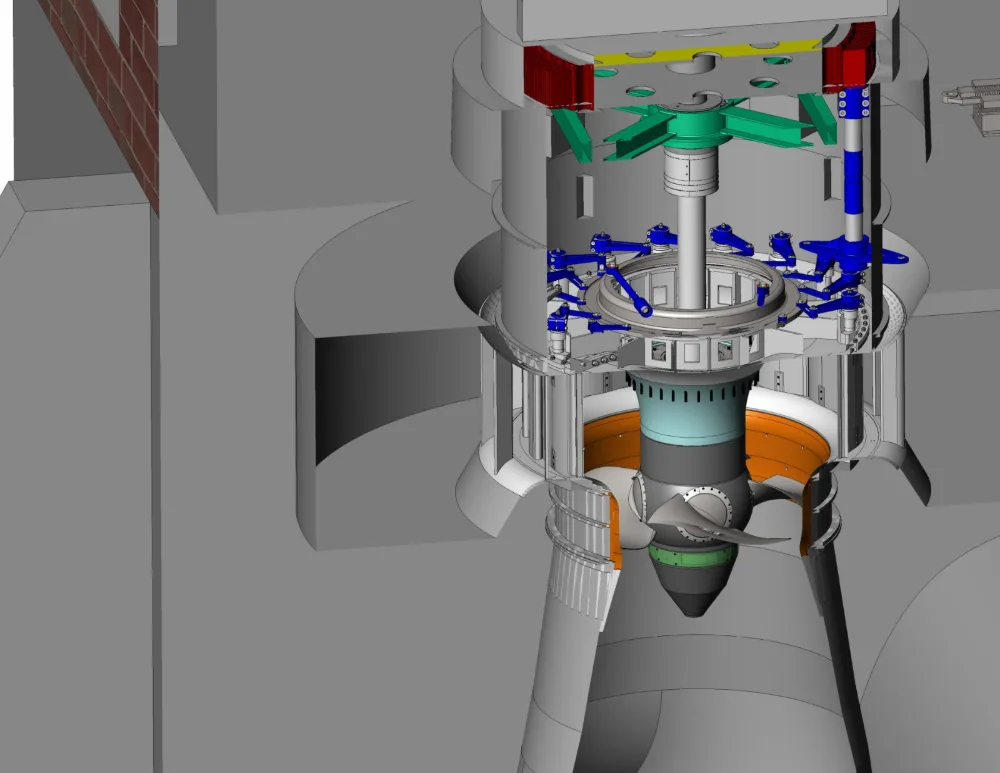 Corte de unidade geradora com distribuidor e rotor Kaplan